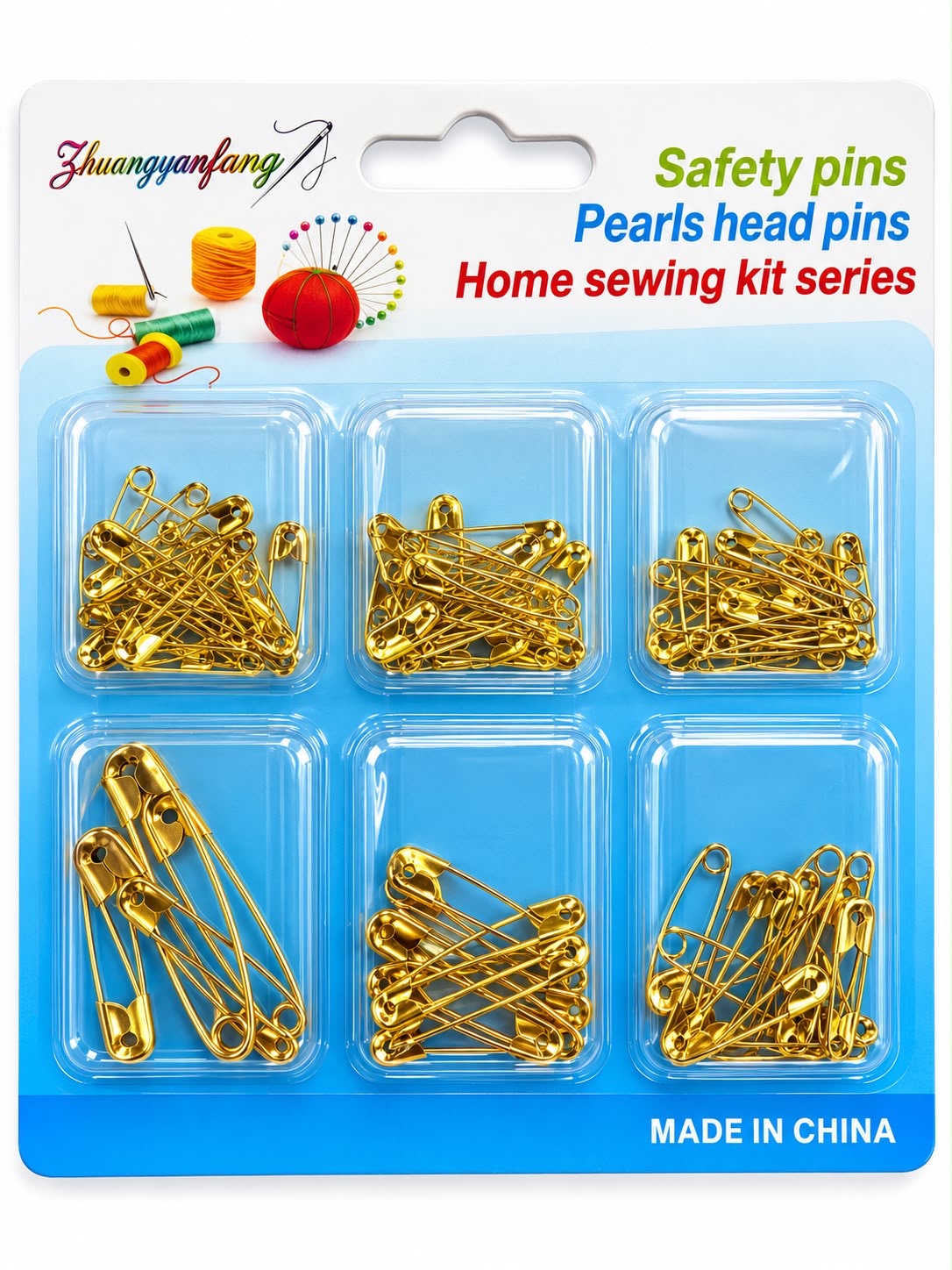 Assorted gold-coloured sewing safety pins in 6-section retail blister pack