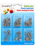 Assorted silver-coloured sewing safety pins in 6-section retail blister pack