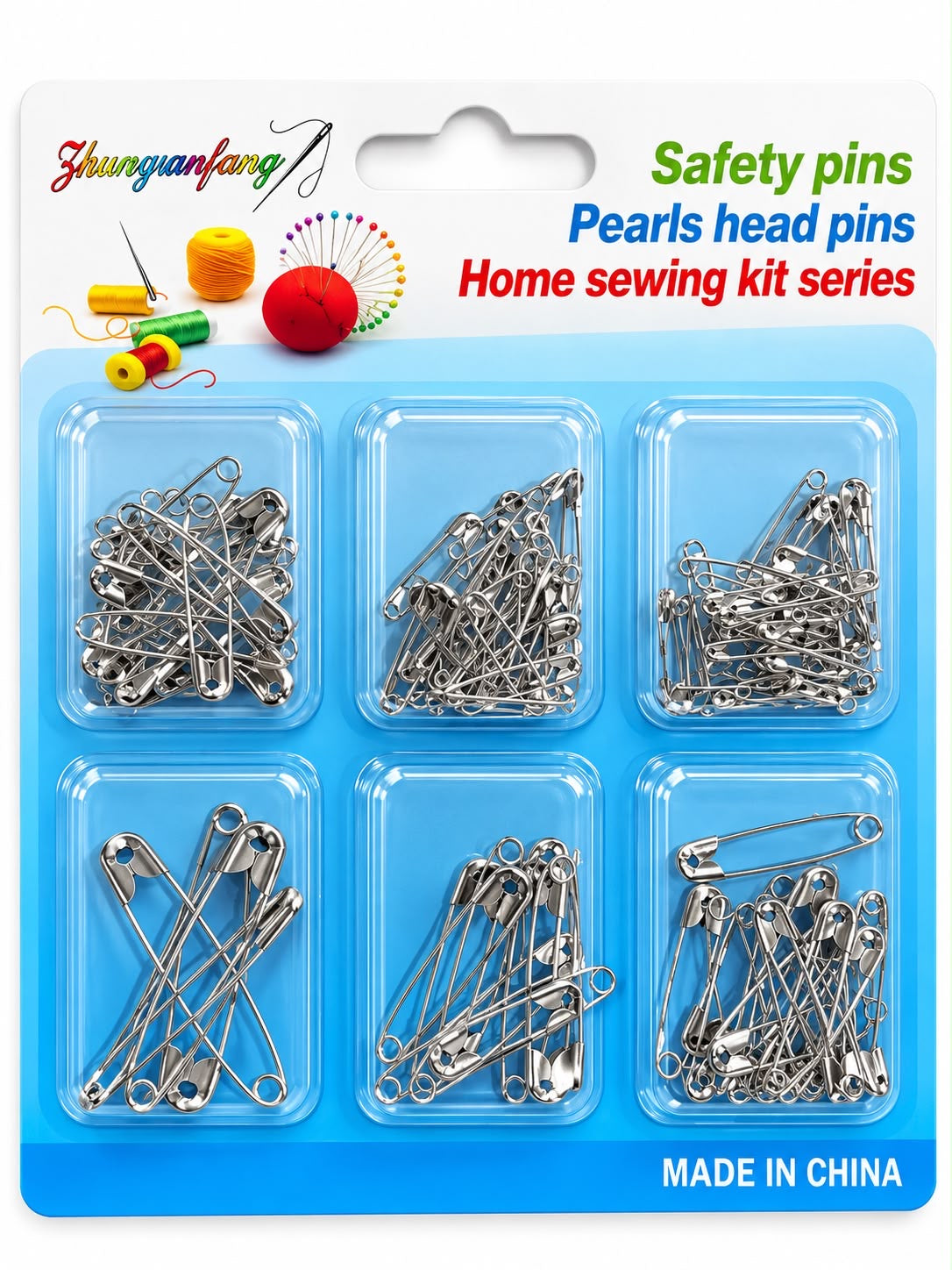 Assorted silver-coloured sewing safety pins in 6-section retail blister pack