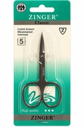 Zinger Classic cuticle scissors with fine pointed blades and ring handles, teal packaging, five year guarantee printed